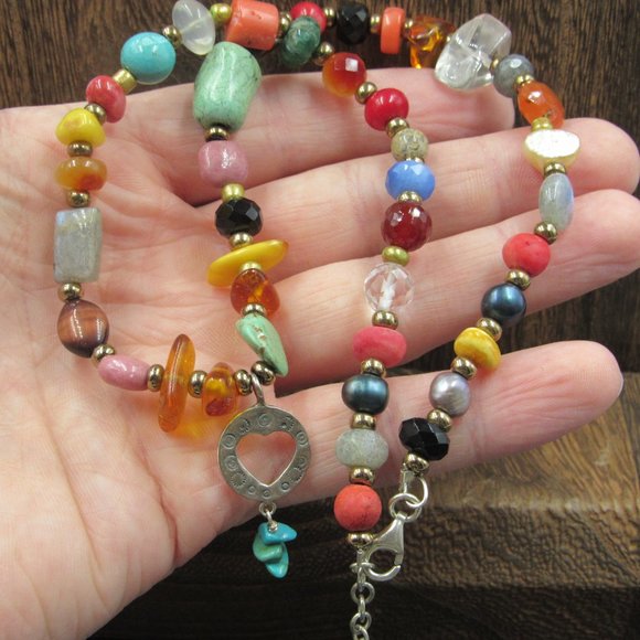 18" Sterling Silver Various Stones Heart Necklace Vintage - Picture 3 of 9